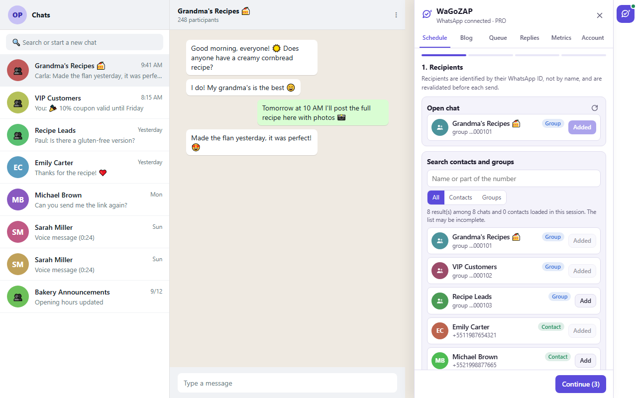 WaGoZAP panel open next to the chats, selecting groups for a schedule