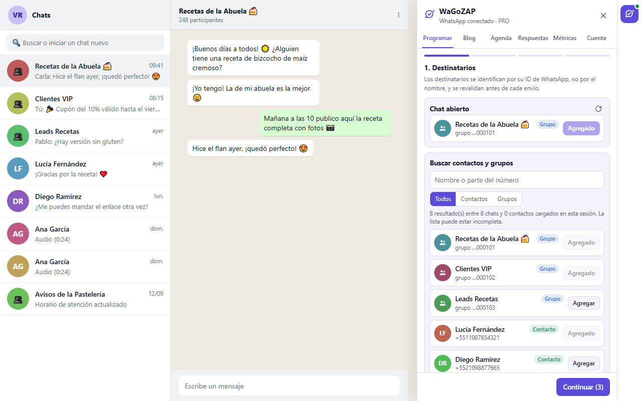 Panel de WaGoZAP abierto junto a las conversaciones, eligiendo grupos para una programación
