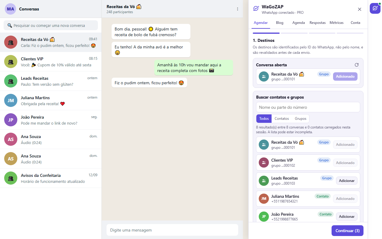 Painel do WaGoZAP aberto ao lado das conversas, selecionando grupos para um agendamento